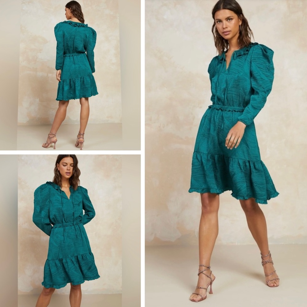 Current Air Emerald Green Crinkled Puff Sleeve Mini Dress